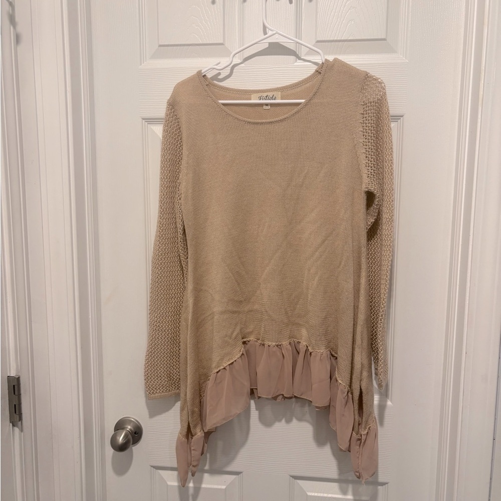 Listicle Knit Sweater Tan With Ruffle Bottom Size Medium